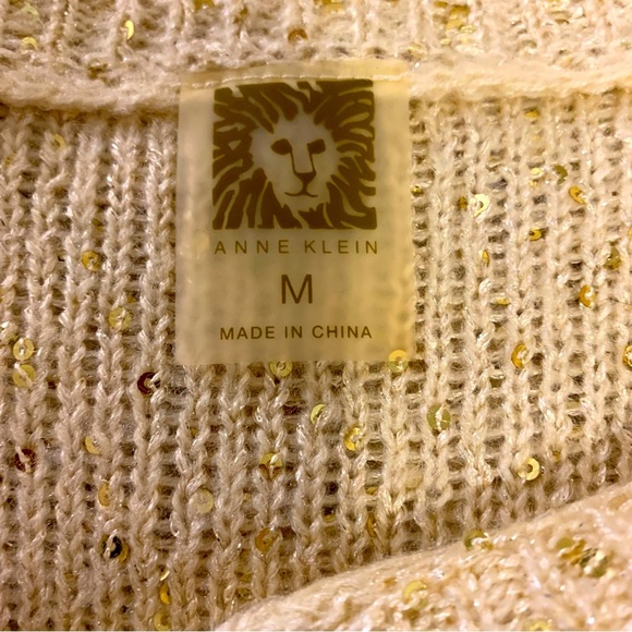 New Anne Klein cream knit lightweight sweater sparkly mini gold sequins M - Picture 9 of 13